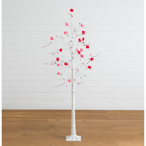 6' Pre-Lit Artificial Valentine's Day Twig Tree with 96 Heart Shaped LED Lights and Red Berries