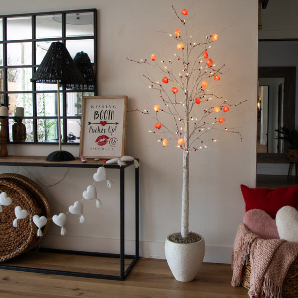 6' Pre-Lit Artificial Valentine's Day Twig Tree with 96 Heart Shaped LED Lights and Red Berries