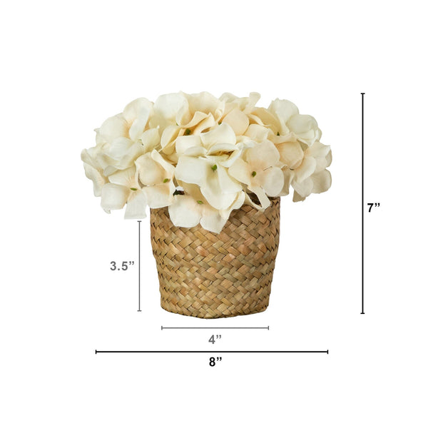 7” Artificial Cream Hydrangea Arrangement in Woven Basket