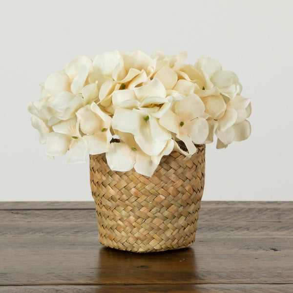 7” Artificial Cream Hydrangea Arrangement in Woven Basket