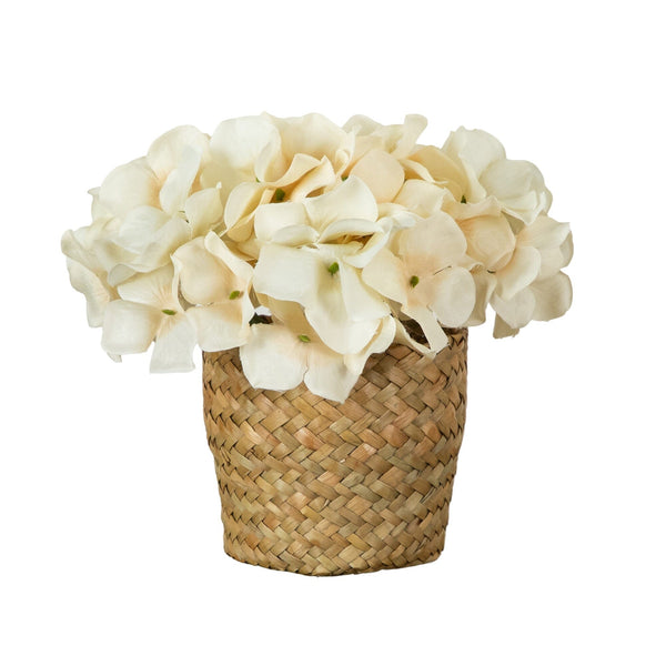 7” Artificial Cream Hydrangea Arrangement in Woven Basket