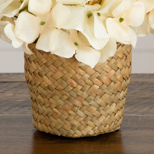 7” Artificial Cream Hydrangea Arrangement in Woven Basket