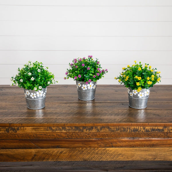 7” Artificial Flowering Mini Daisy Plant in Decorative Daisy Tin Planter -Set of 3