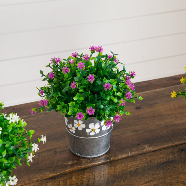 7” Artificial Flowering Mini Daisy Plant in Decorative Daisy Tin Planter -Set of 3