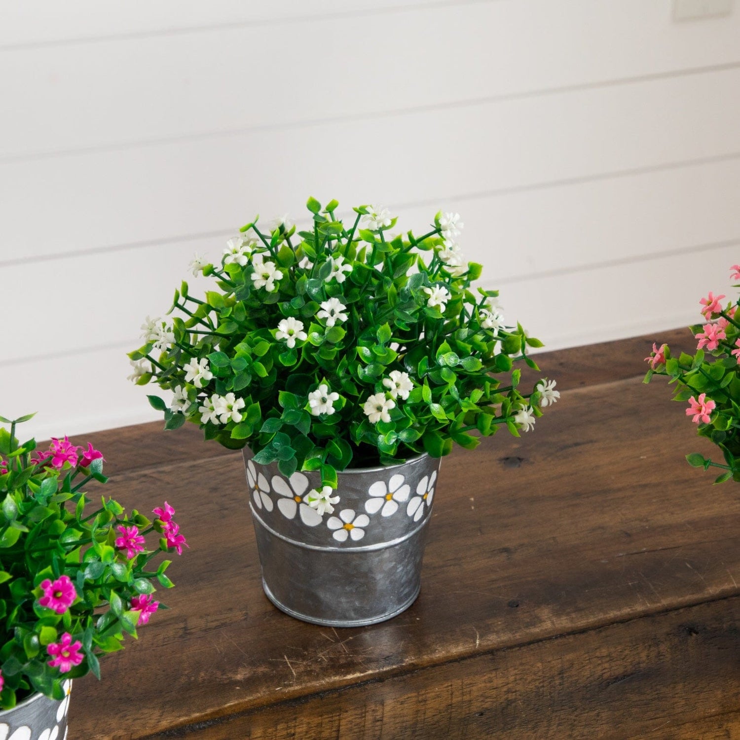 7” Artificial Flowering Mini Daisy Plant in Decorative Daisy Tin Planter -Set of 3