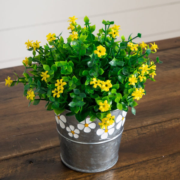 7” Artificial Flowering Mini Daisy Plant in Decorative Daisy Tin Planter -Set of 3