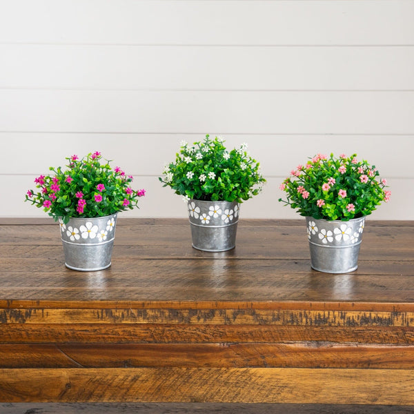 7” Artificial Flowering Mini Daisy Plant in Decorative Daisy Tin Planter -Set of 3