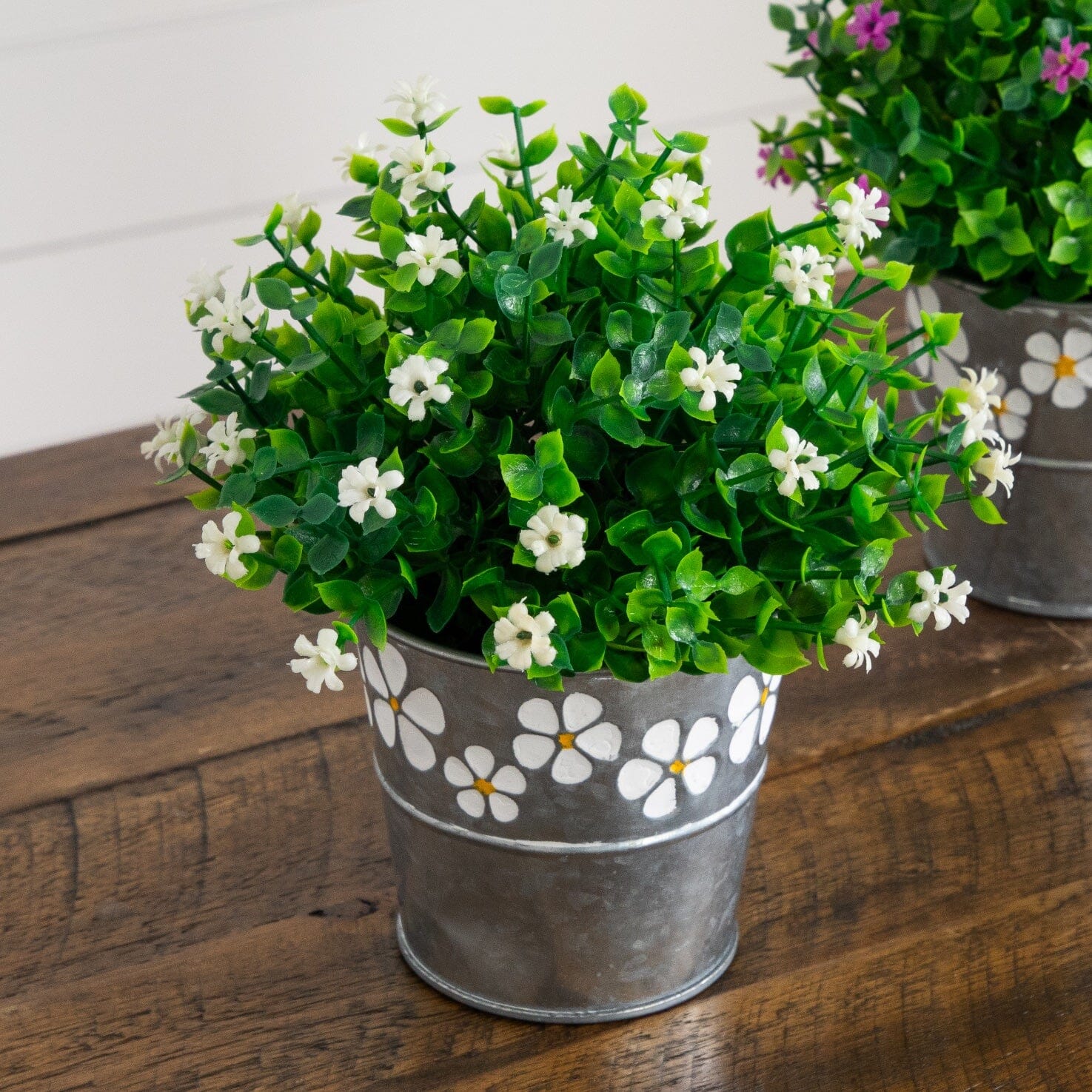 7” Artificial Flowering Mini Daisy Plant in Decorative Daisy Tin Planter -Set of 3