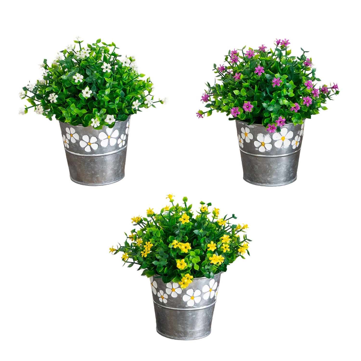 7” Artificial Flowering Mini Daisy Plant in Decorative Daisy Tin Planter -Set of 3