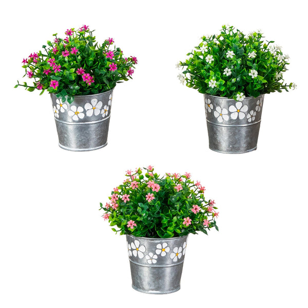 7” Artificial Flowering Mini Daisy Plant in Decorative Daisy Tin Planter -Set of 3