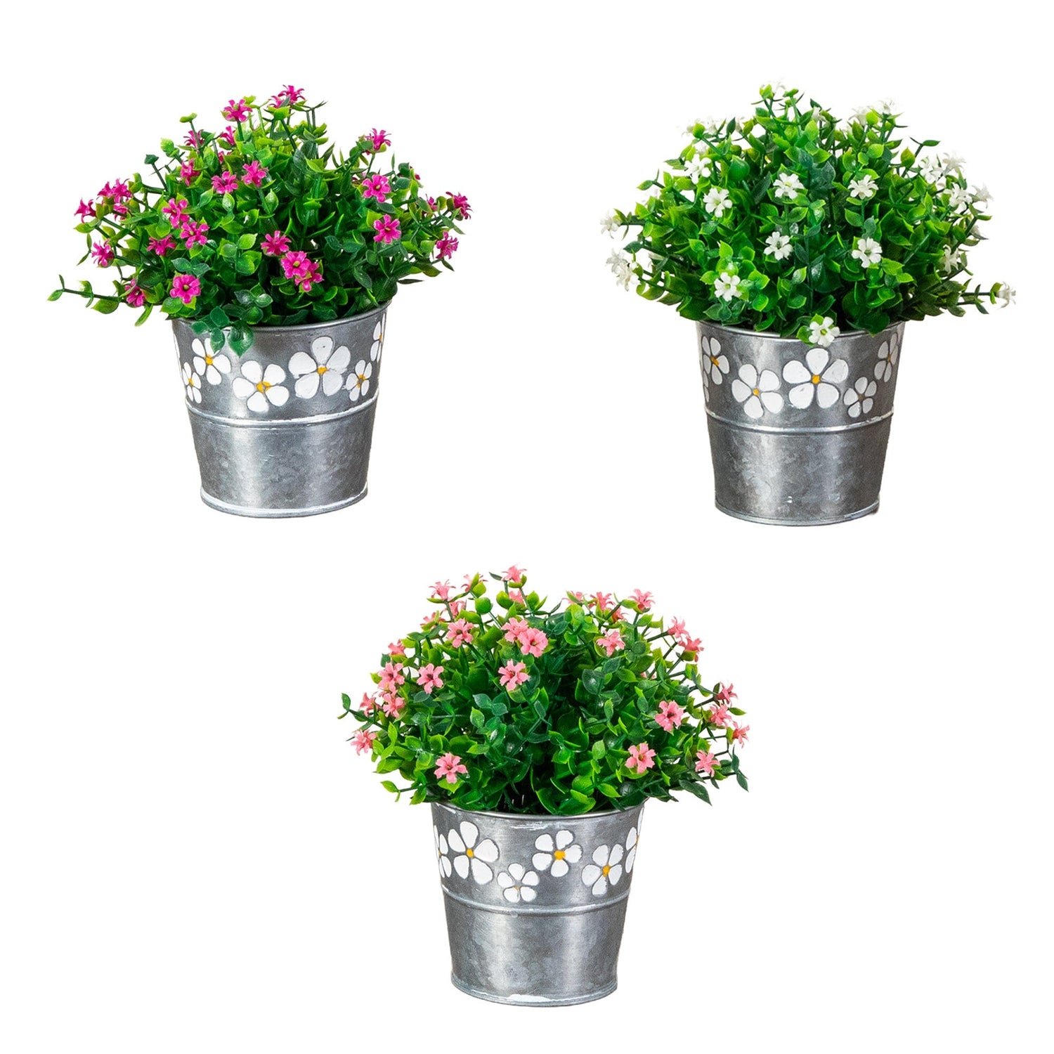 7” Artificial Flowering Mini Daisy Plant in Decorative Daisy Tin Planter -Set of 3