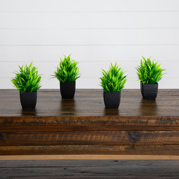 7” Artificial Grass Plant in Black Square Pot - Set of 4
