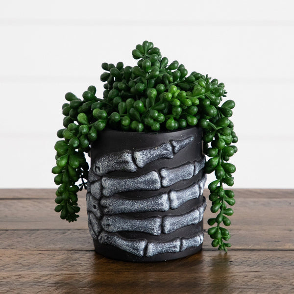7” Artificial Halloween String of Pearls in Skeleton Hand Planter