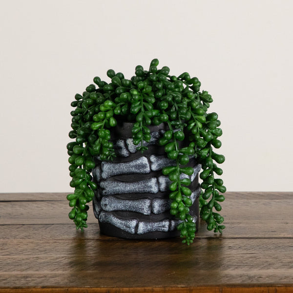 7” Artificial Halloween String of Pearls in Skeleton Hand Planter