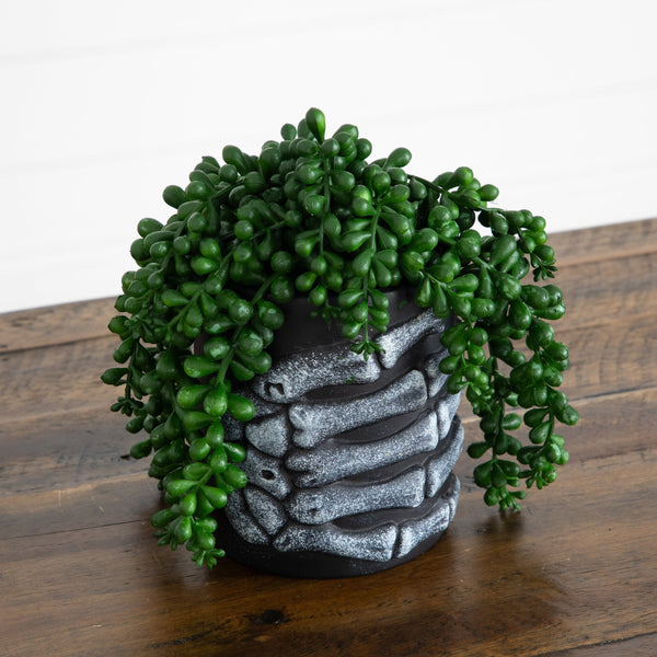 7” Artificial Halloween String of Pearls in Skeleton Hand Planter
