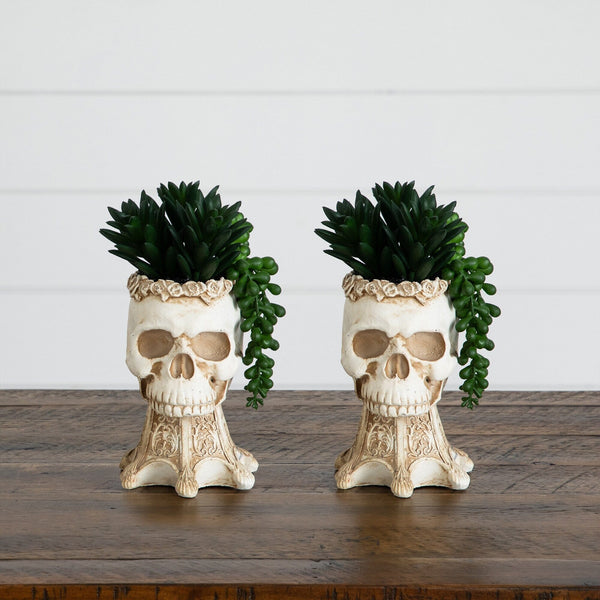 7” Artificial Halloween Succulent Garden in Skull Planter - Set of 2