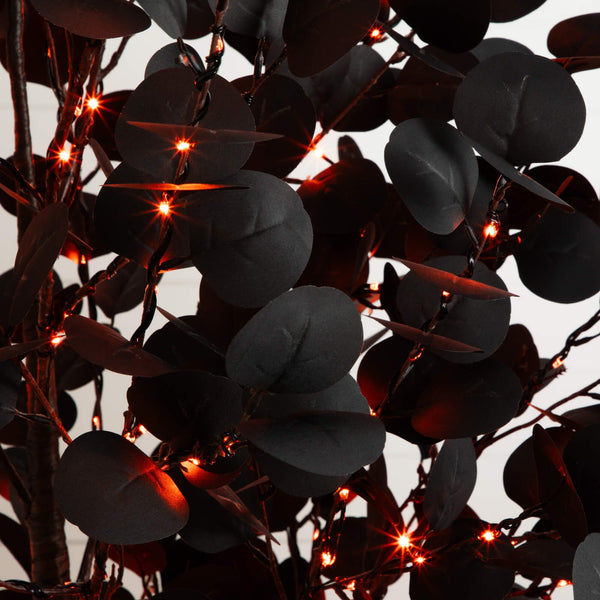 7' Pre-Lit Artificial Halloween Black Eucalyptus Tree with 420 Orange & Purple LED Lights