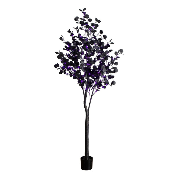 7' Pre-Lit Artificial Halloween Black Eucalyptus Tree with 420 Orange & Purple LED Lights