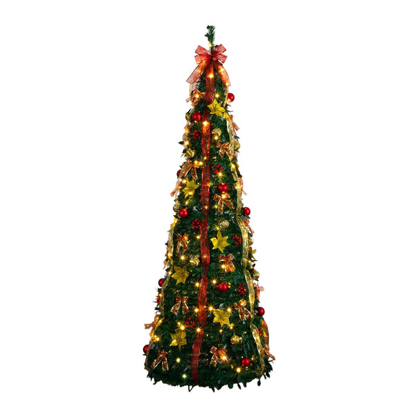 7' Pre-Lit Artificial Pop up Christmas Tree with Red & Gold Ornaments, Ribbons and 180 Warm White LED Lights