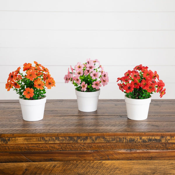 7” Mini Daisy Arrangement in Decorative Pot -Set of 3