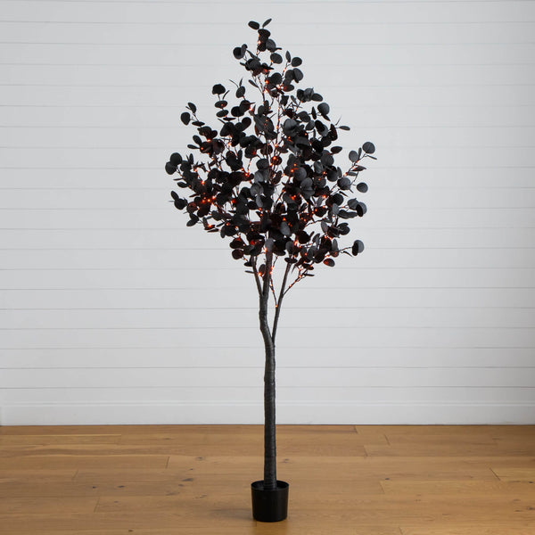 7' Pre-Lit Artificial Halloween Black Eucalyptus Tree with 420 Orange & Purple LED Lights