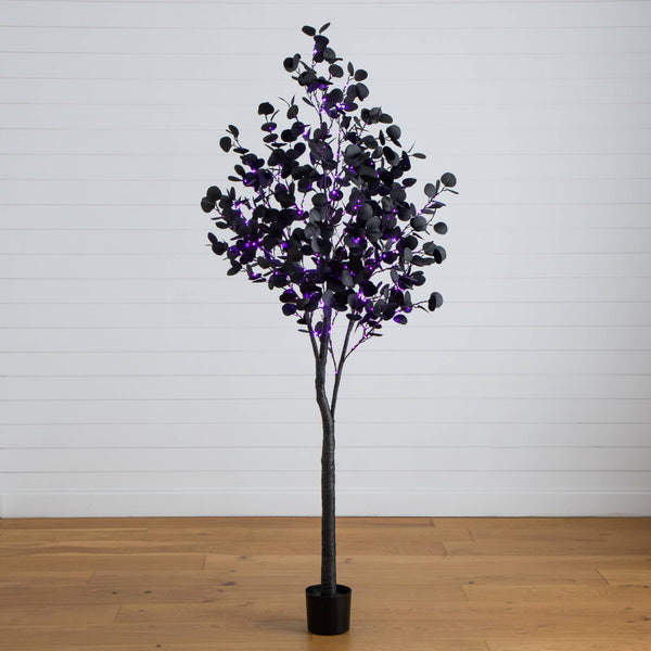 7' Pre-Lit Artificial Halloween Black Eucalyptus Tree with 420 Orange & Purple LED Lights