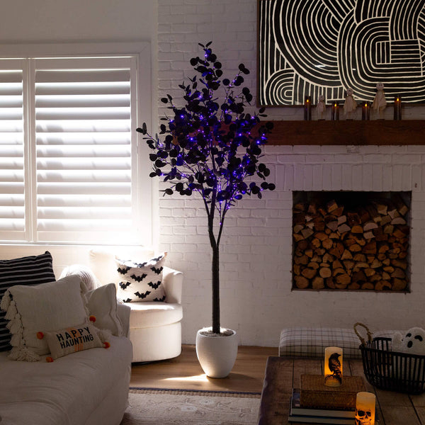 7' Pre-Lit Artificial Halloween Black Eucalyptus Tree with 420 Orange & Purple LED Lights
