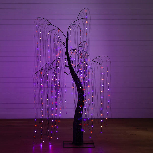 7' Pre-Lit Artificial Halloween Black Willow Tree with 600 Purple and Orange Dual Color LED Lights