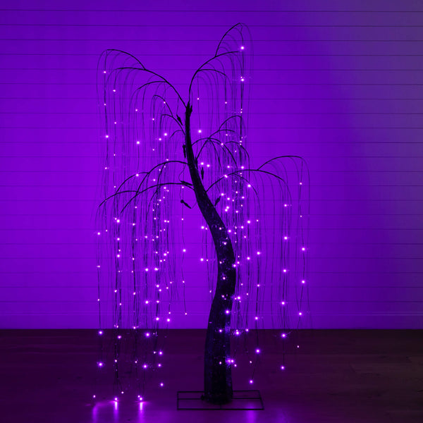 7' Pre-Lit Artificial Halloween Black Willow Tree with 600 Purple and Orange Dual Color LED Lights