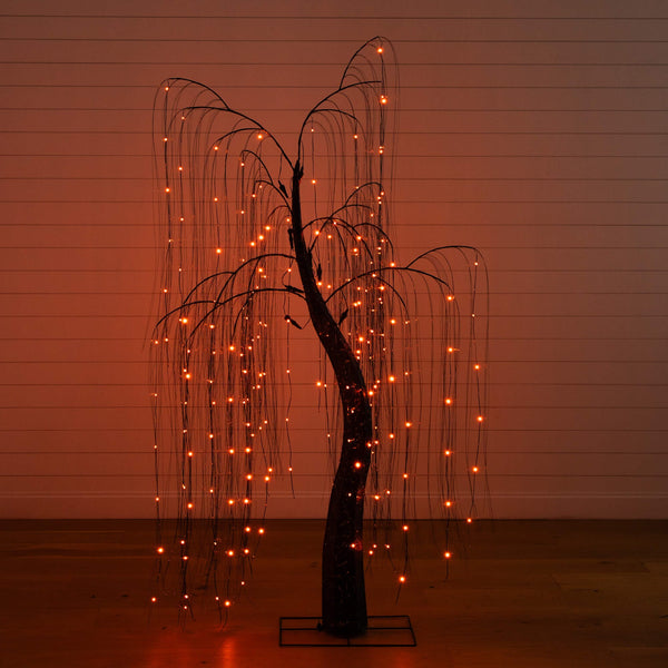 7' Pre-Lit Artificial Halloween Black Willow Tree with 600 Purple and Orange Dual Color LED Lights