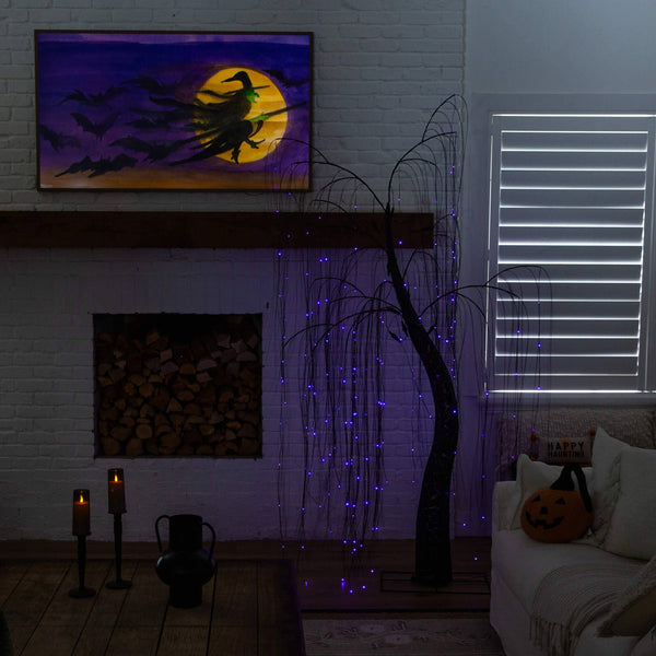 7' Pre-Lit Artificial Halloween Black Willow Tree with 600 Purple and Orange Dual Color LED Lights