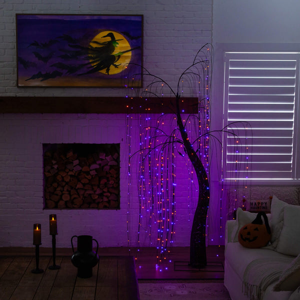 7' Pre-Lit Artificial Halloween Black Willow Tree with 600 Purple and Orange Dual Color LED Lights
