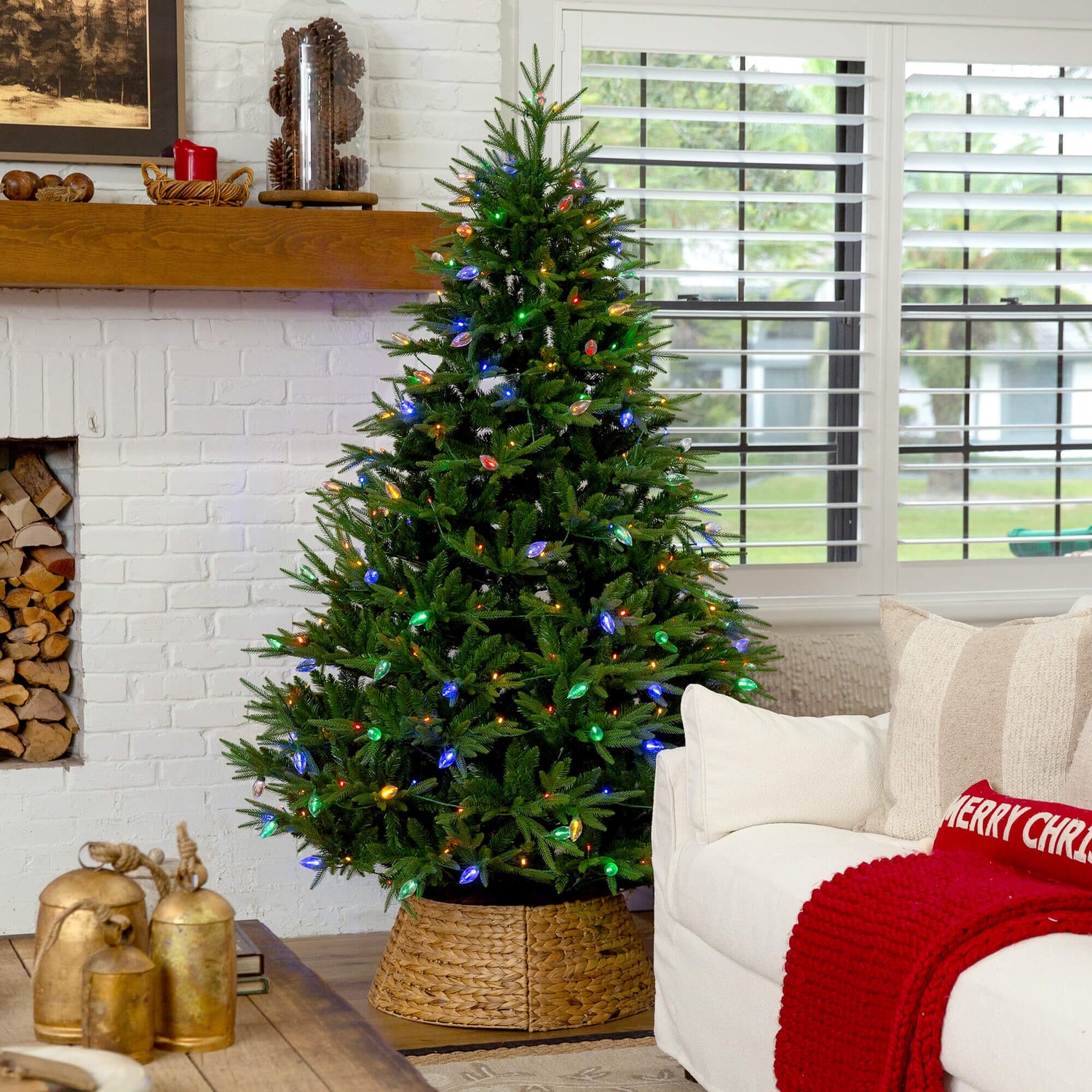7' Pre-Lit Artificial Luxembourg Pine Christmas Tree with 340 Multicolored Traditional Bulb LED Lights