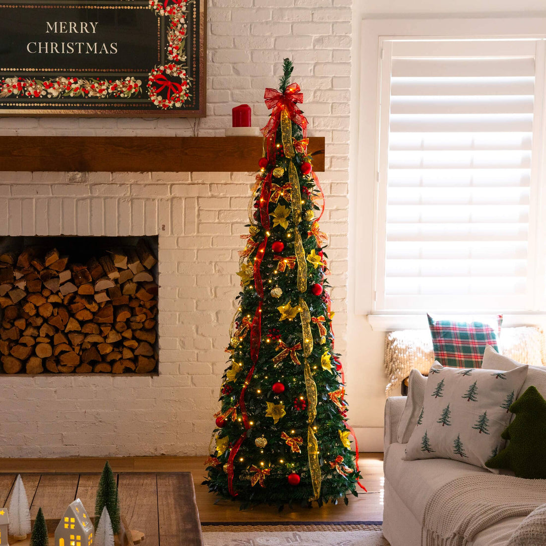 Nearly Natural 7ft. Pre-Lit Artificial Pop up Christmas Tree with Red & Gold Ornaments, Ribbons and 180 Warm White LED Lights