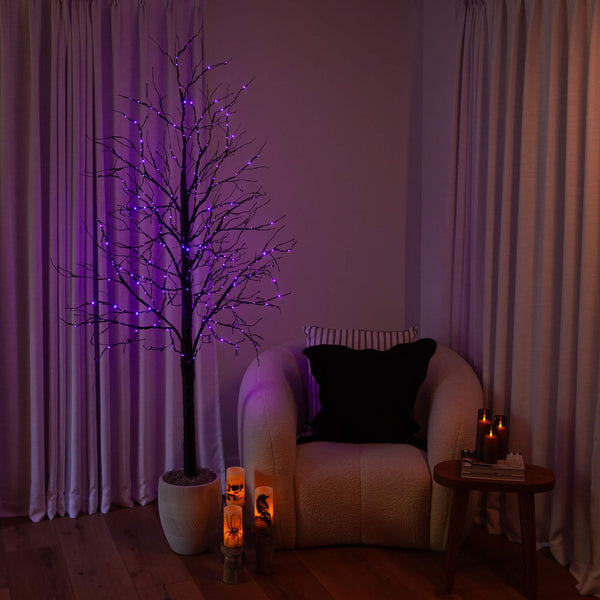 7' Pre-Lit Halloween Black Twig Artificial Tree with 390 Orange & Purple LED Lights