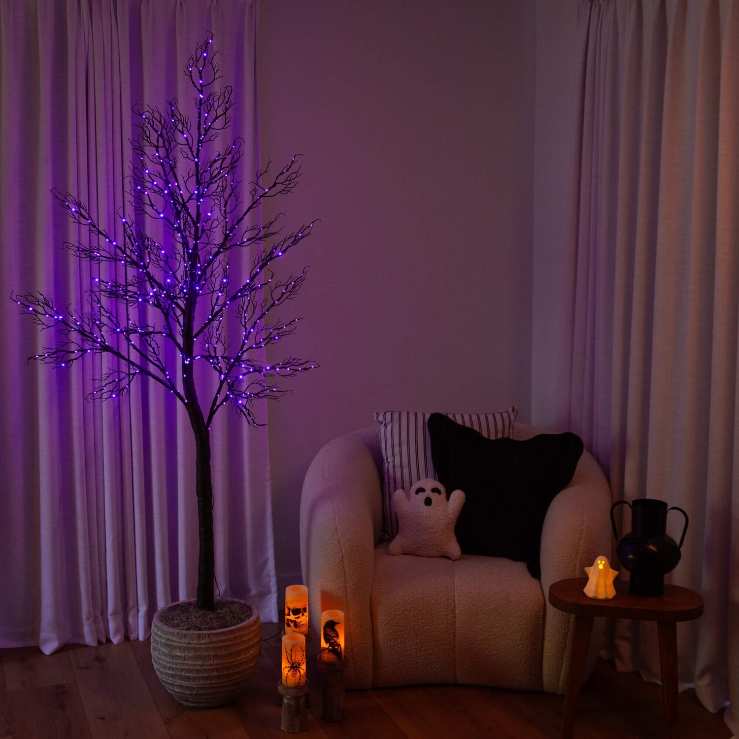 7' Pre-Lit Halloween Minimalist Twig Artificial Fall Tree with 400 Orange & Purple LED Lights