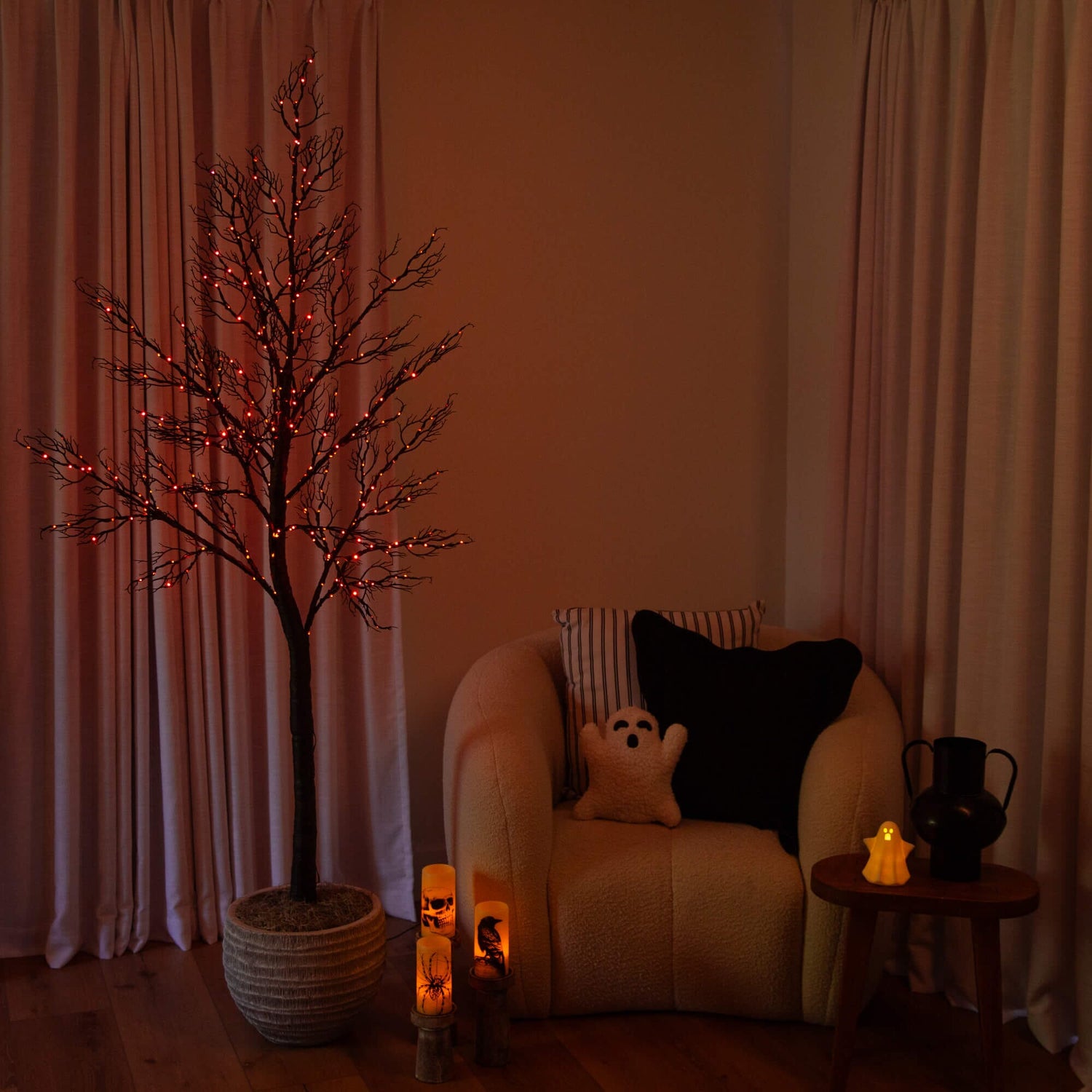 7' Pre-Lit Halloween Minimalist Twig Artificial Fall Tree with 400 Orange & Purple LED Lights