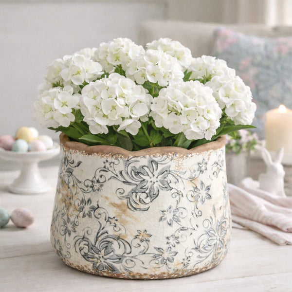 7” Tuscan Ceramic Gray Scroll Planter