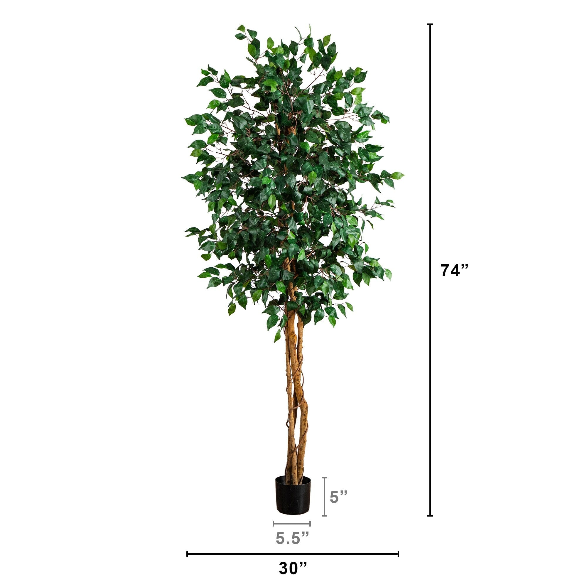 74” Triple Trunk Ficus Artificial Tree with Natural Trunks
