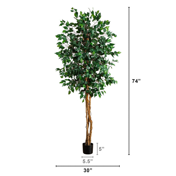 74” Triple Trunk Ficus Artificial Tree with Natural Trunks