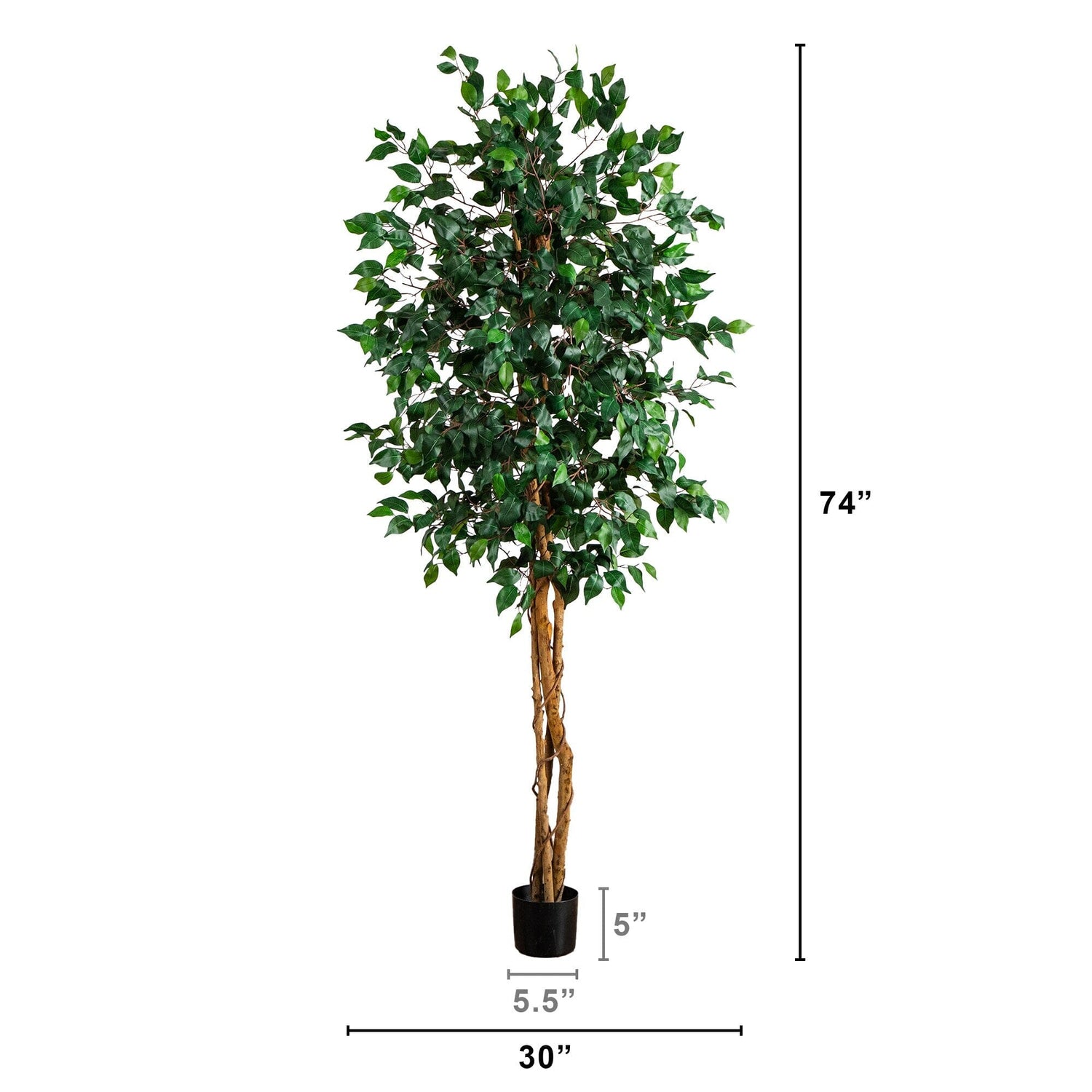 74” Triple Trunk Ficus Artificial Tree with Natural Trunks
