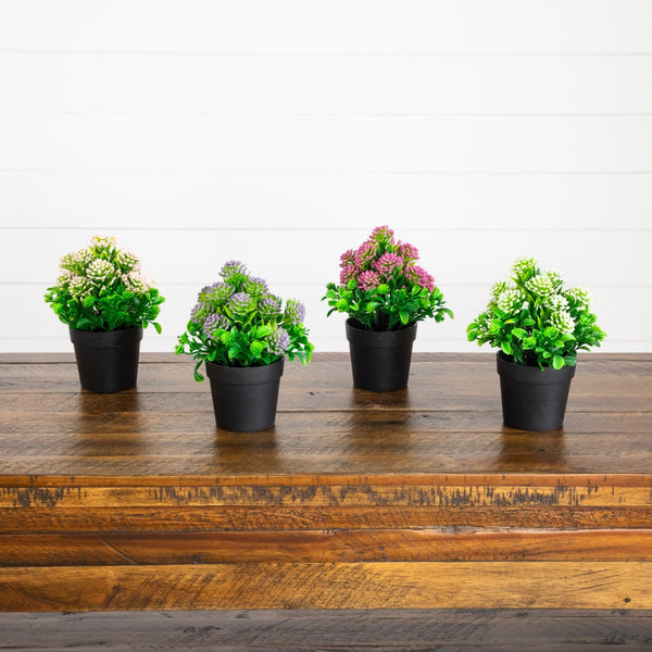7.5" Artificial Mixed Flowering Plant in Black Pot - Set of 4