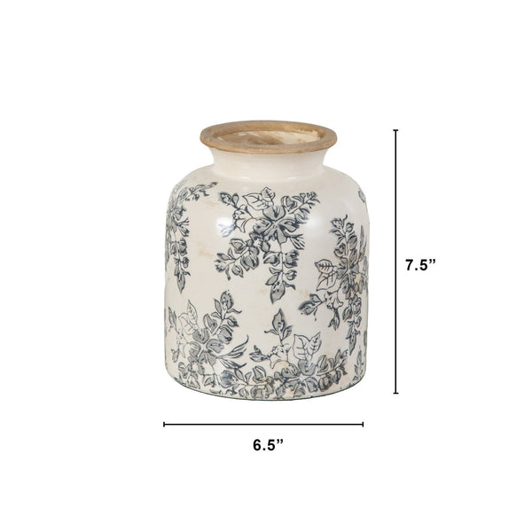 7.5” Floral Tuscan Ceramic Gray Scroll Vase