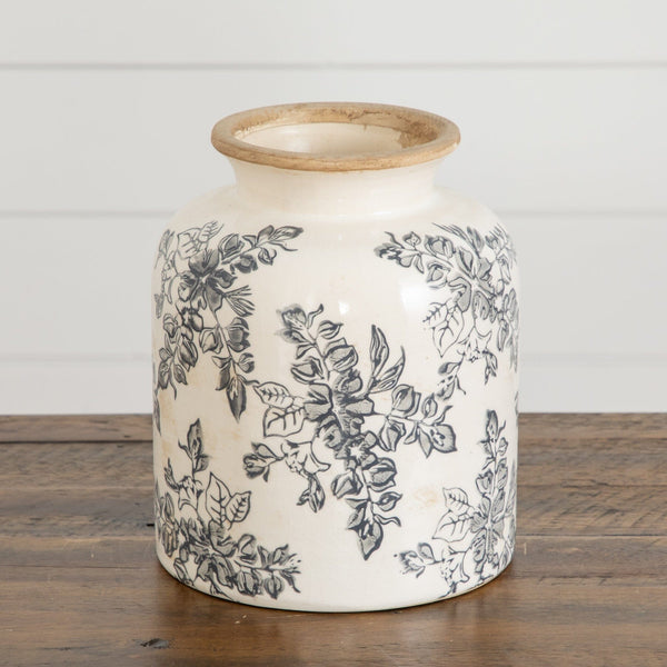 7.5” Floral Tuscan Ceramic Gray Scroll Vase
