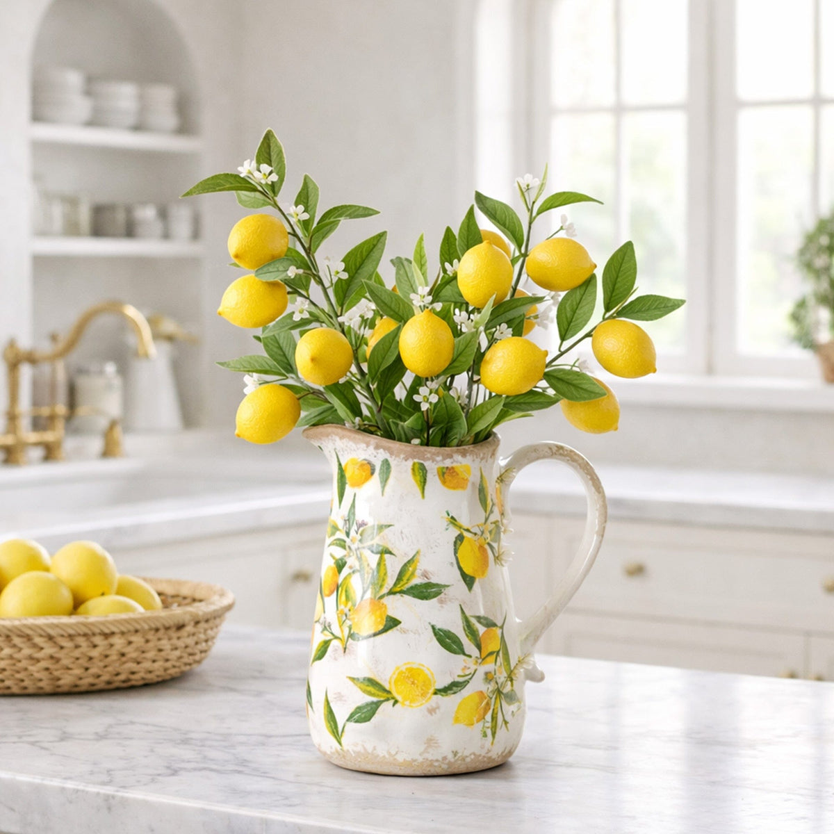 Nearly Natural 7.5-in Lemon Print Ceramic Rustic Jug Vase