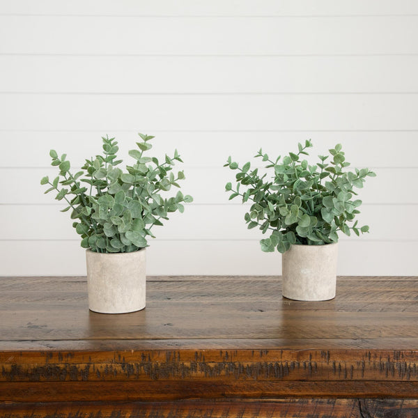 8" Artificial Baby Blue Eucalyptus in Decorative Planter - Set of 2