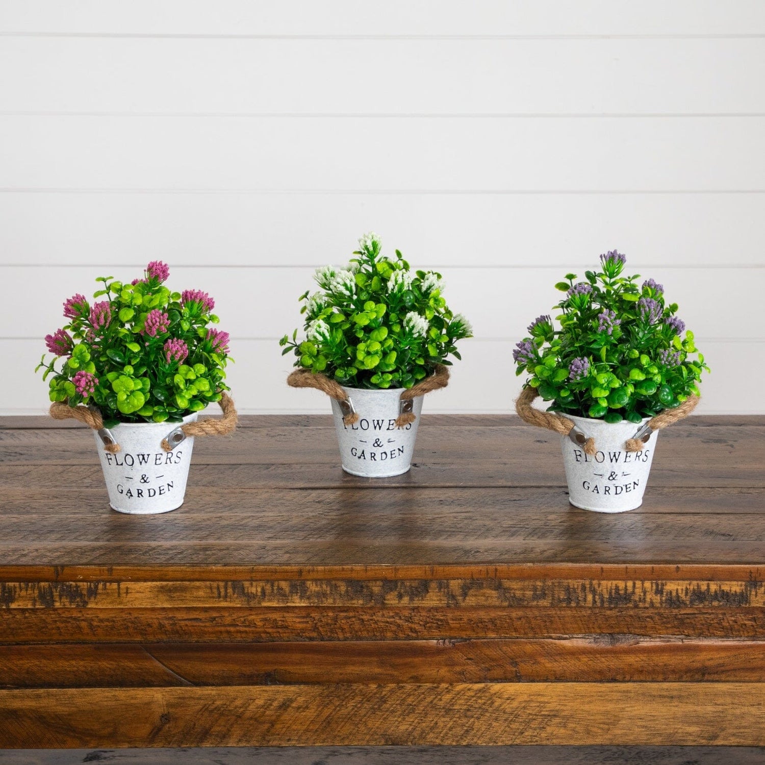 8” Artificial Blooming Plant in Rustic Flowers & Garden Planter -Set of 3