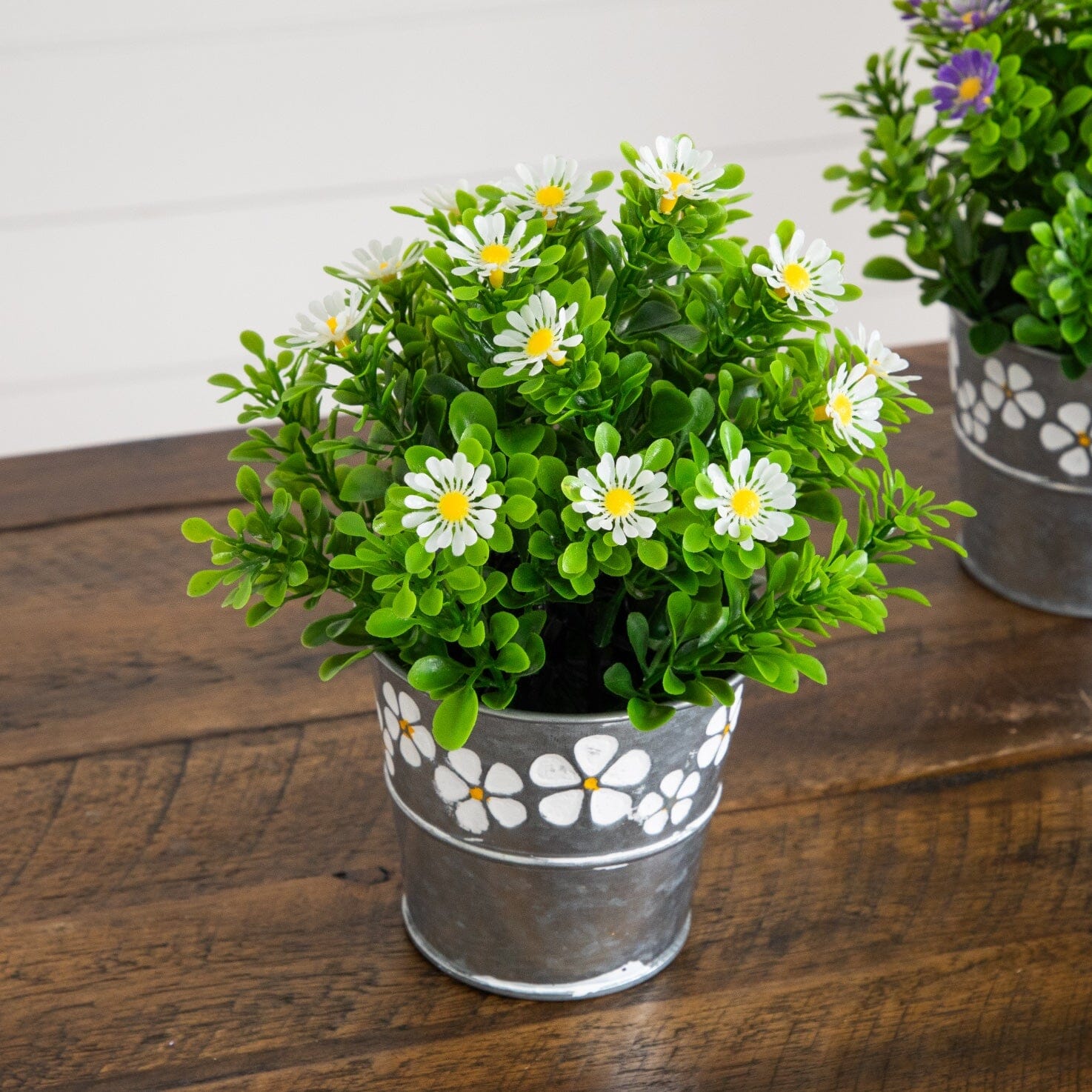 8” Artificial Daisy Plant in Decorative Daisy Tin Planter -Set of 3