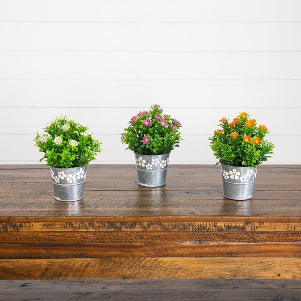 8” Artificial Daisy Plant in Decorative Daisy Tin Planter -Set of 3