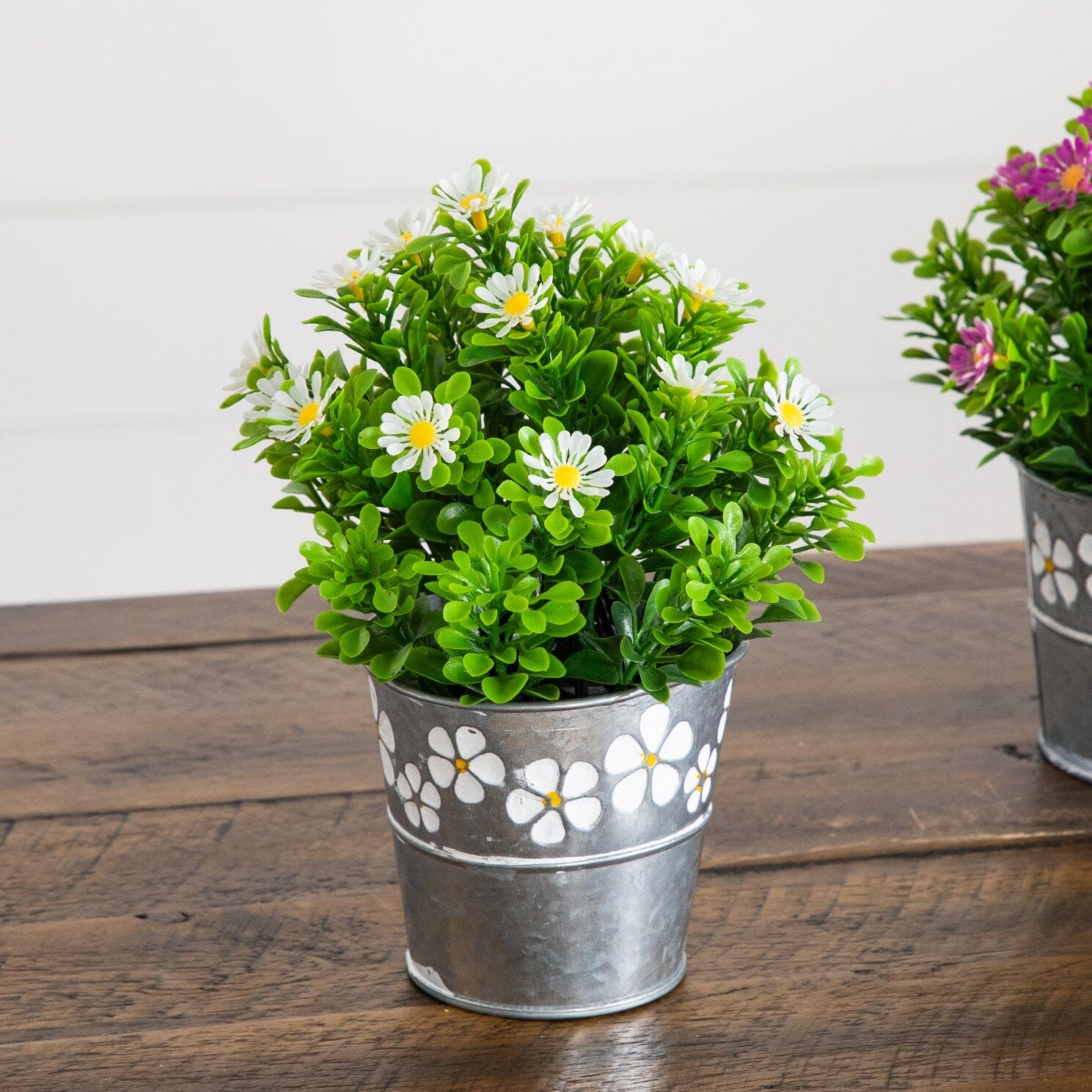 8” Artificial Daisy Plant in Decorative Daisy Tin Planter -Set of 3